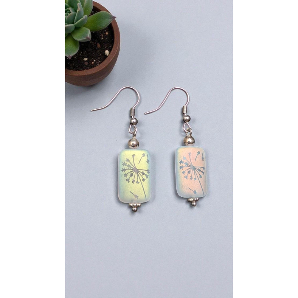 Iridescent Czech Glass Dandelion Earrings: Stainless Steel Hooks Cottagecore